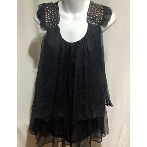 Glam Goth Black Ruffled Sleeveless Blouse Studded Strap Classy Dressy M